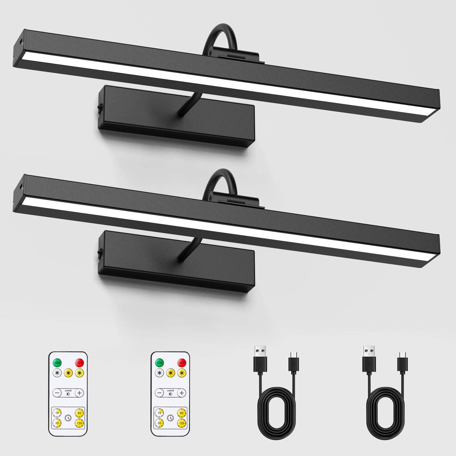 Bridika Picture Light Set of 2, Rechargeable 15.7in Battery Operated Wall Lights with Timer, Remote Control, 3 Color Temperatures, Dimmable Wall Sconce for Artwork, Gallery, Dartboard, Portraits Black