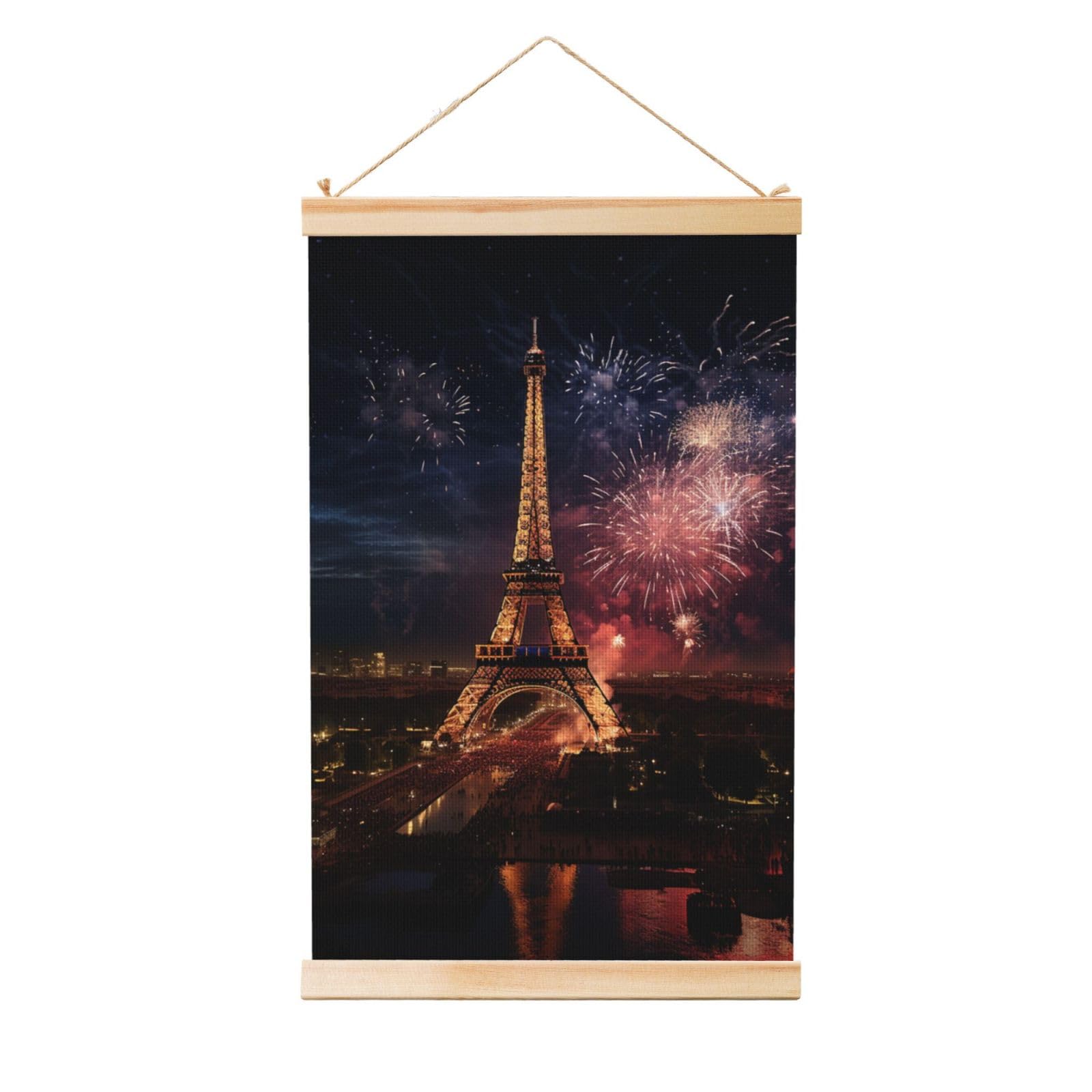 Eiffel Tower Fireworks Poster Wooden Shaft Hanging Poster Wall Hanging Banner Canvas Artwork with Wood Frames 20"x30" Modern Artwork Decor Ready to Hang Wall Art for Home Decor Scroll Painting