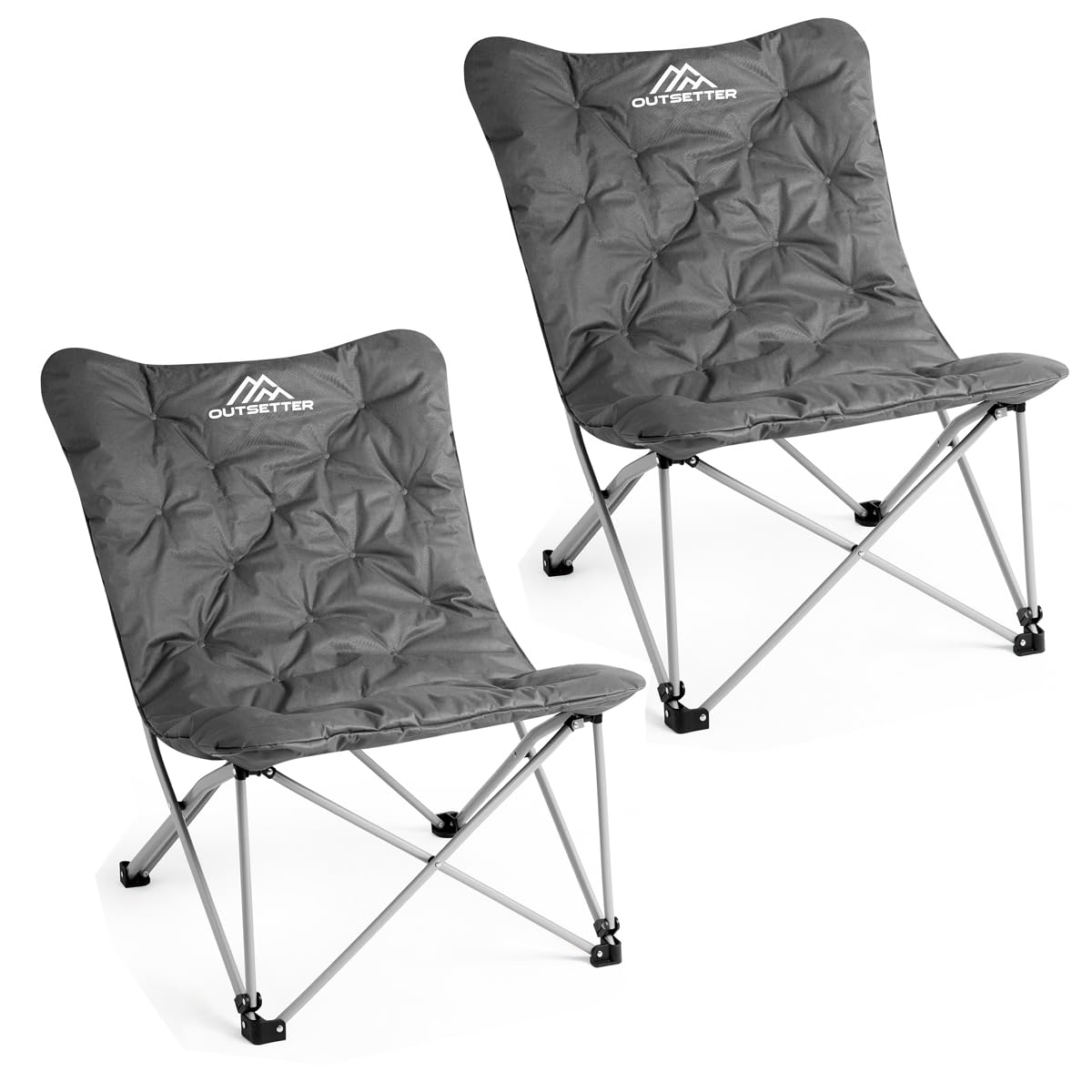 Pack of 2 Luxury Camping Chairs for Adults | Comfy Folding Chair Large Relax Padded Seat | Heavy Duty Moon Chair Back Pocket | Portable Carry Bag | Outdoor Indoor Garden Picnic Fishing Beach Grey