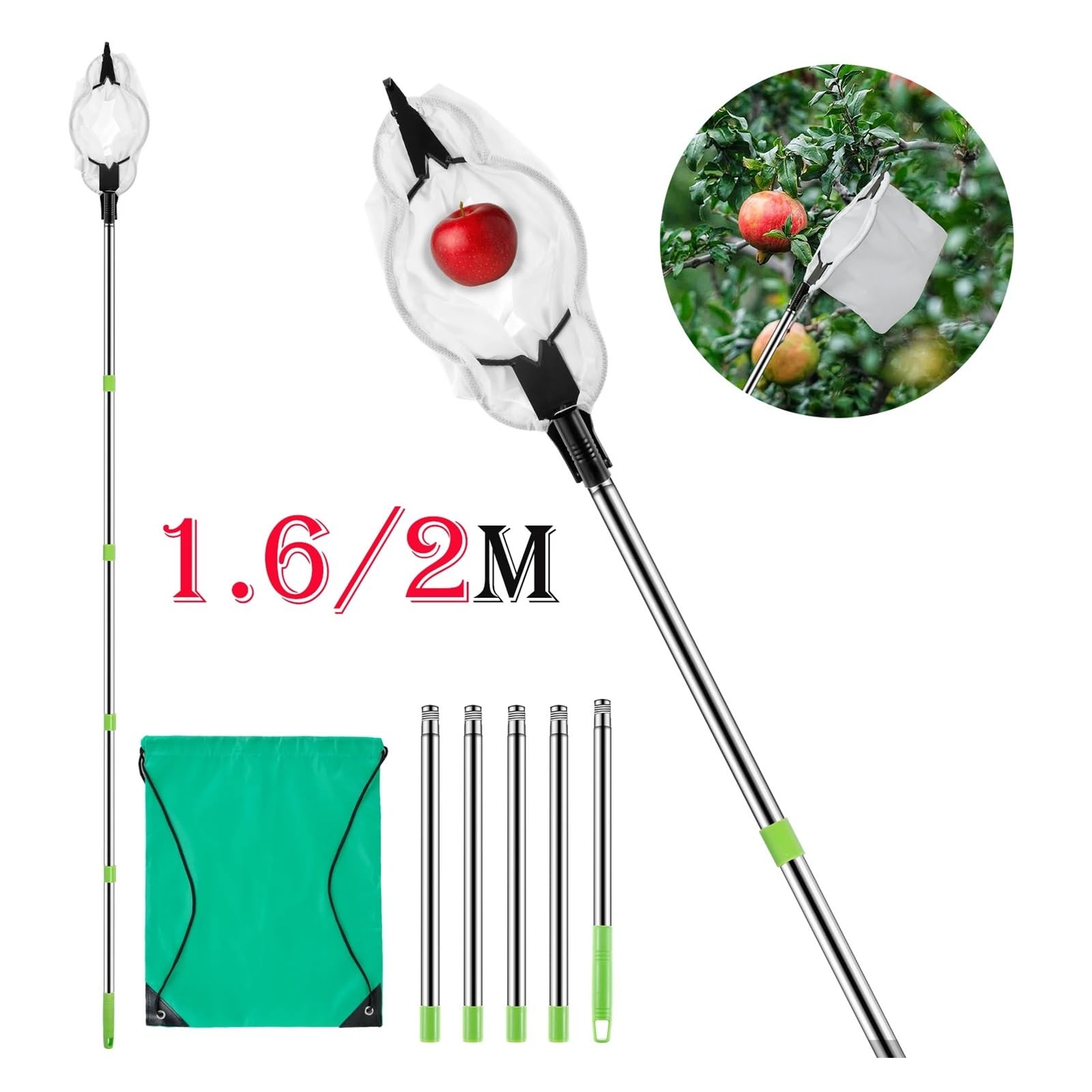 Perche Cueillette Cerises Cueilleur de Fruits 1,6/2 m, Outil de cueillette de Fruits réglable et antidérapant en Acier Inoxydable avec Sac de Rangement(1.6M)
