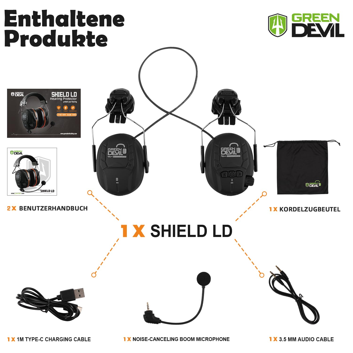 GREEN DEVIL Shield LD, protección auditiva activa con tecnología Bluetooth 5.3 y micrófono integrado compatible con EN352 SNR 32 dB para corte y ruido