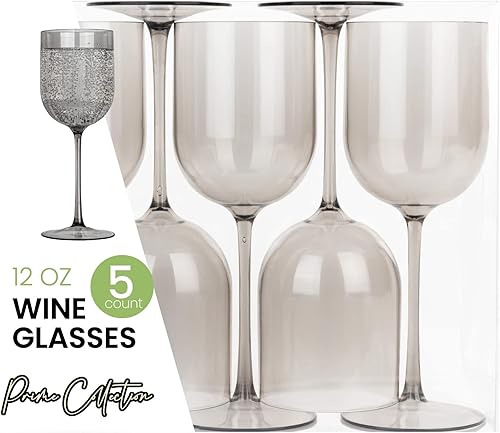 Juego de 25 copas de vino de plástico gris ahumado, elegantes copas de vino de plástico duro en tallo de 12 onzas