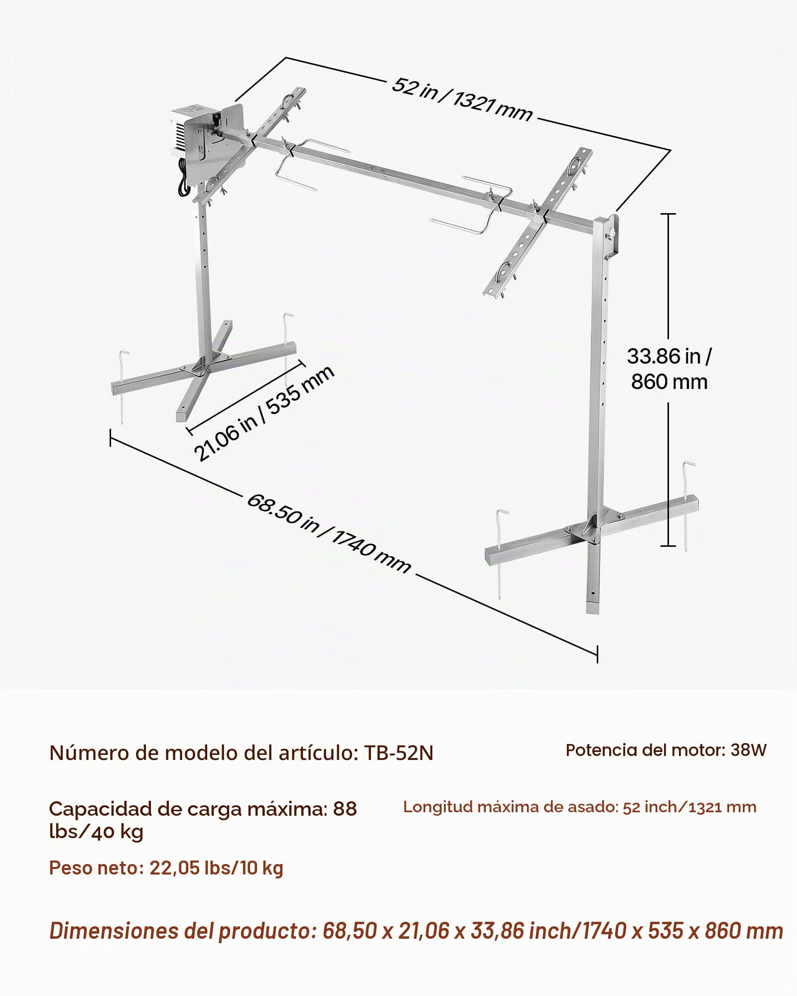 VEVOR Asador Giratorio Eléctrico 8 Niveles de Altura, Capacidad de Carga de 40 kg, Motor de 38 W, Acabado en Acero Inoxidable, Rotación Suave de 360°, Parrilla para Fiestas, Acampadas, Barbacoas