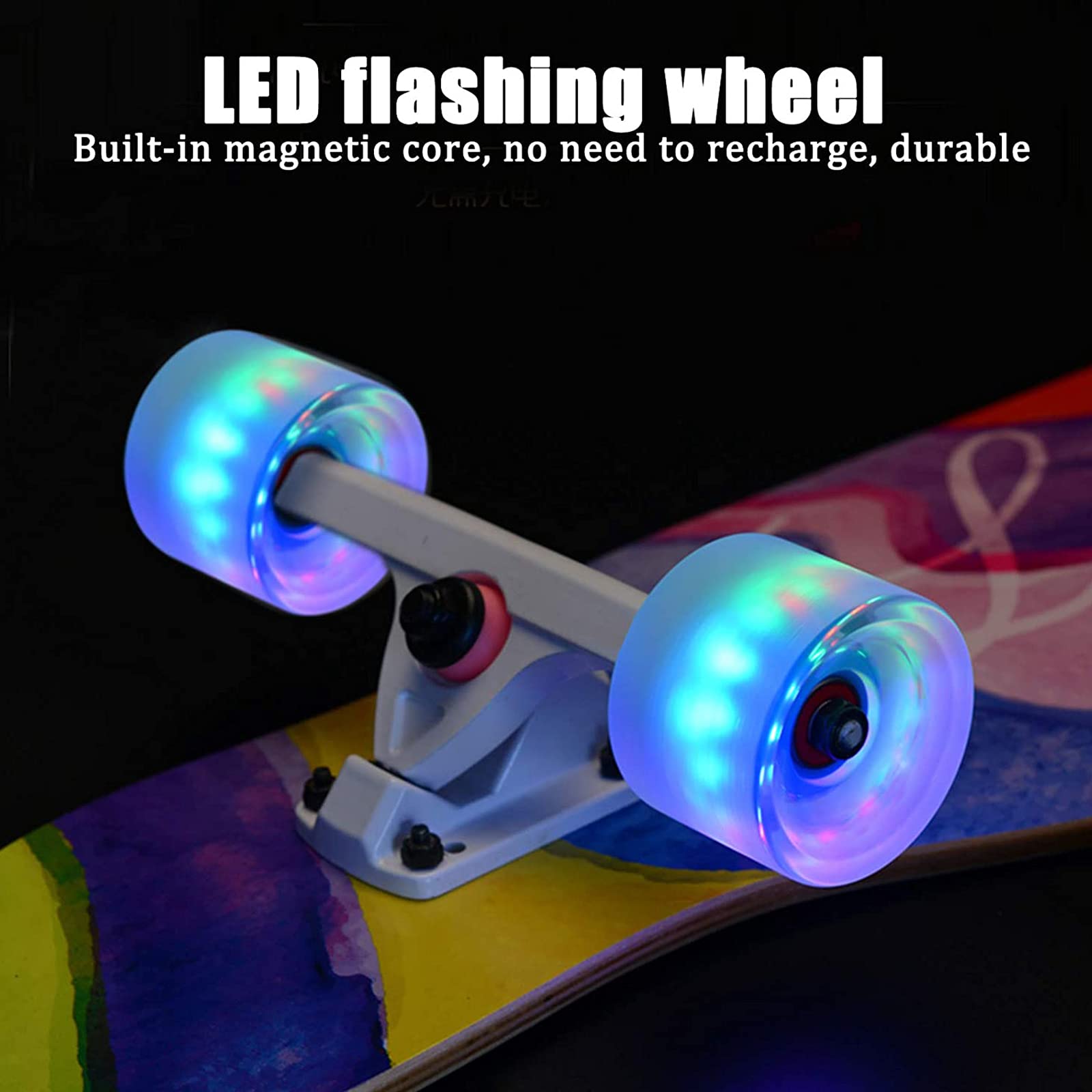 Skateboard Longboard 43" Cruiser Full Board avec Roues LED PU, Planche à Roulette Concave Double Kick en Érable à 7 Couches avec Équipement de Protection pour Enfants,Adolescents,Adultes