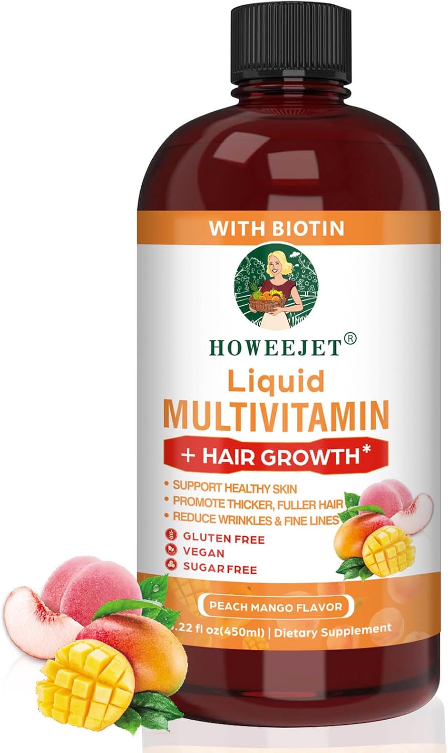 Liquid Biotin 10,000mcg Multivitamin for Women & Men 18+, Hair Skin and Nails Supplement with B-Complex, Promotes Thicker Hair & Skin Elasticity,Liquid Hair Growth Vitamins,15.22 Fl Oz (1 bottle)