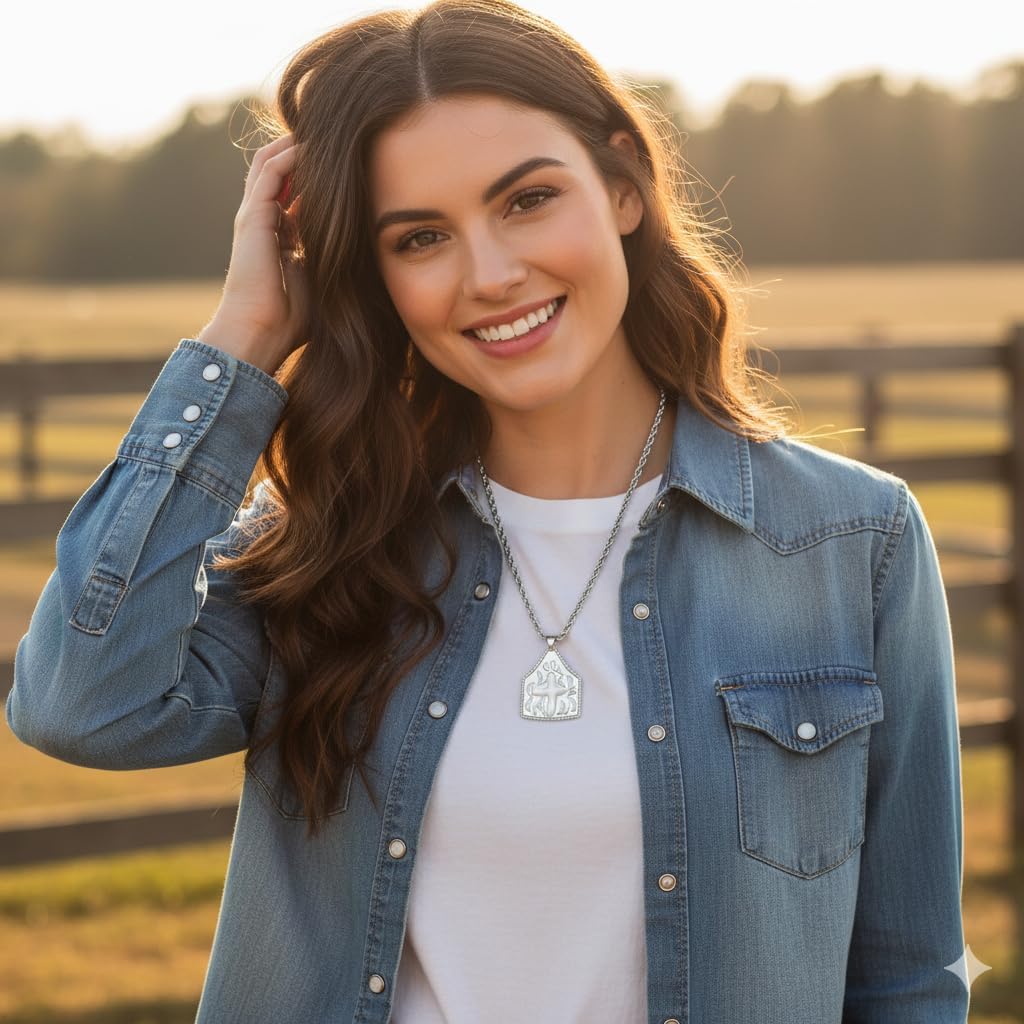 Western Cowgirl Chunky Cross Necklace for Women Men Cowboy Faith Pendant Necklace Personalized CowTag Jewelry Valentine's Day New Year Gift