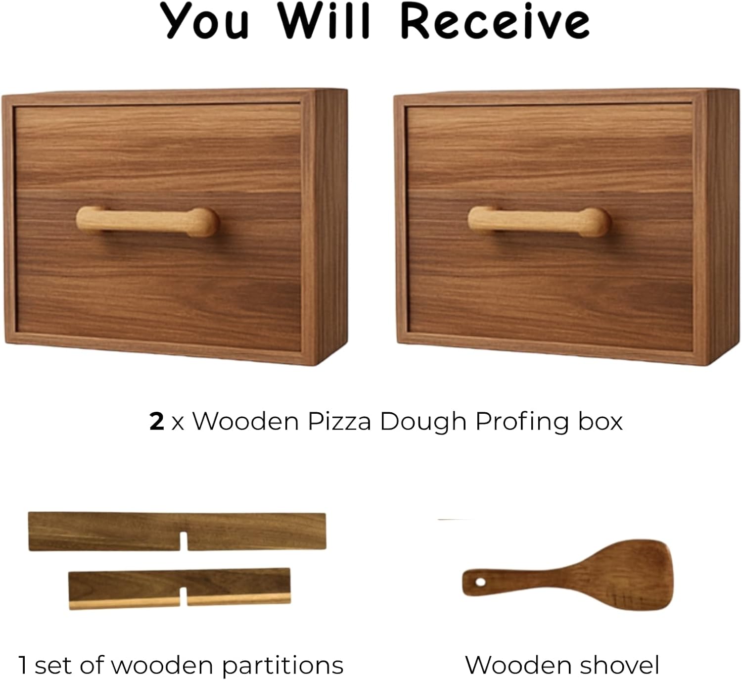 2 Pack Wooden Pizza Dough Proofing Box 16" x 12" w/Lids - Made From Natural Acacia Wood - Ideal Bread Proofing Box, Pizza Storage Container - Comes with 2 Adjustable Partitions & 1 Wood Shovel