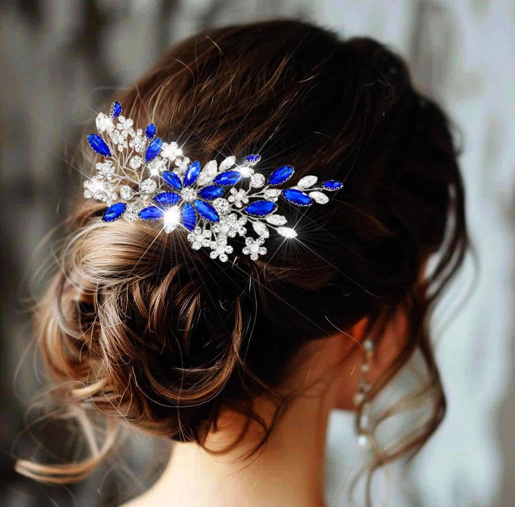 Catery Blue Rhinestone Bridal Hair Comb Crystal Wedding Hair Pieces Flower Silver Accessories for Brides and Women Pack of 1(Blue) - Image 4