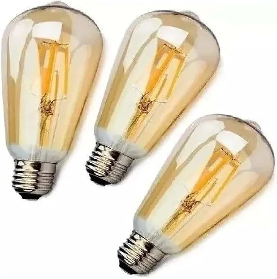 Kit 3 Lampada Filamento De Led St64 Retro Vintage E27 Bivolt Ambar Branco Quente