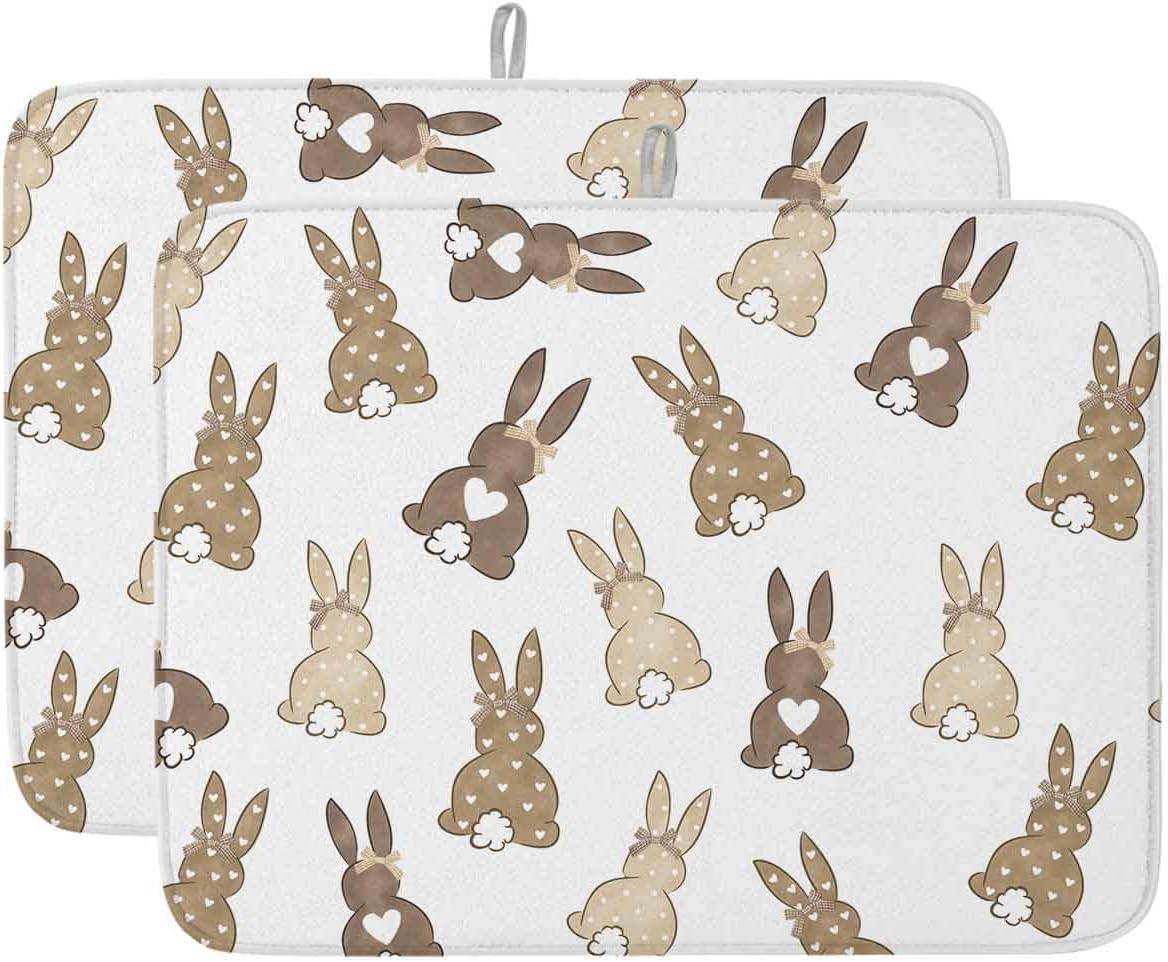 Easter Bunny Tail Cartoon Style Dish Drying Mats for Kitchen Counter,Absorbent Microfiber Dish Drainer Rack Mat Brown Rabbit Retro Linen Drying Pad for Sinks,Utensils,Countertops,18x24in