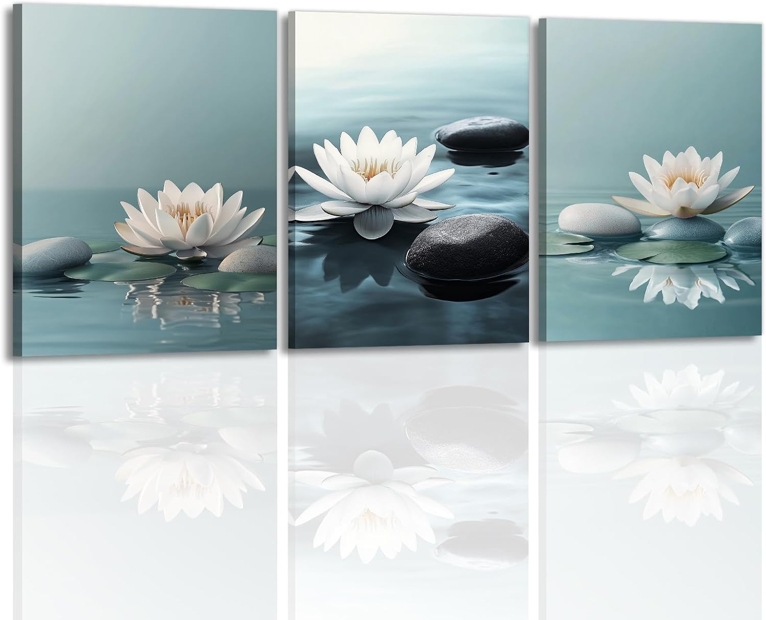 Zen Canvas Wall Art 3 Panel Blooming Lotus Floral In The Water Painting Black Pebble Pictures Framed Artwork Home Decoration Ready To Hang(Artwork-3,24"x36"x3pcs)