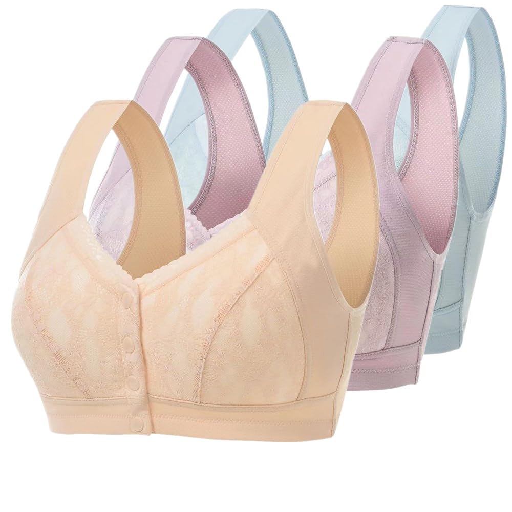 MIXZONES3 Pack Everyday Front Close Bras - Women Full-Freedom Cotton Soft Bra Front Button Adjustable Non-Padded Bras