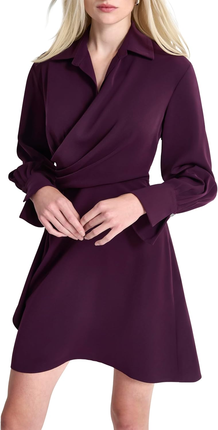 DKNY Womens Long Sleeve Surplice Neck Mini Faux Wrap Dress