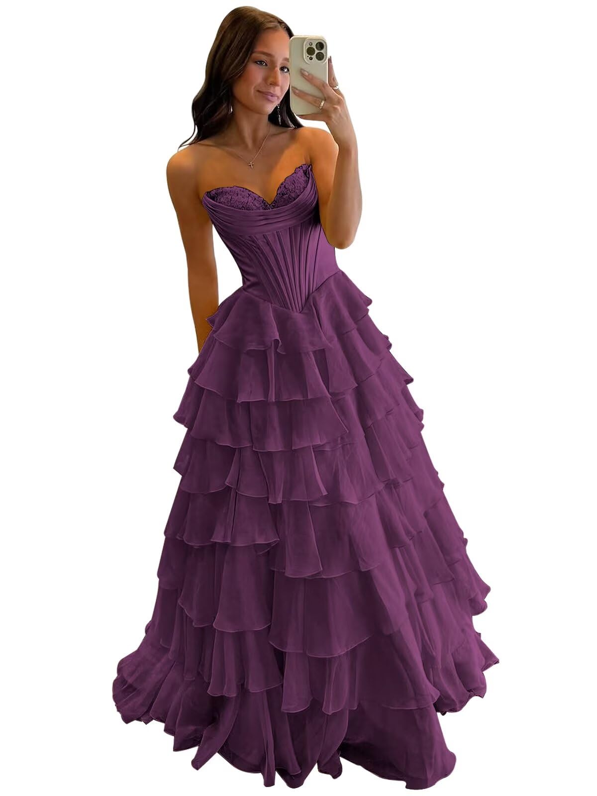 Strapless Corset Prom Dresses for Women 2025 Long Tiered Ruffle Chiffon Formal Evening Gowns with Slit