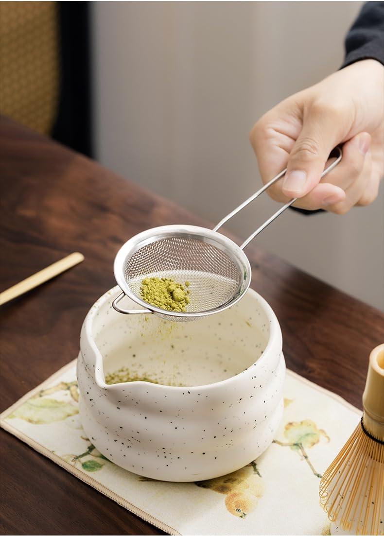 Matcha Whisk Set - 5PCS Ceramic Matcha Set Includes 19OZ Matcha Bowl with Spout, Bamboo Chasen Whisk with Ceramic Holder, Bamboo Scoop and Stainless Sifter, Gift for Matcha Lovers