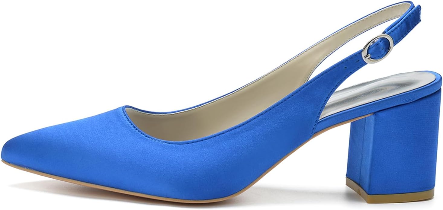 Womens Slingback Closed Pointed Toe Heels Satin Strap Block Chunky Heel Office Bridal Pumps Shoes