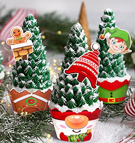 128 Pieces Christmas Cupcake Toppers Wrappers Party Supplies Favors - Snowman Santa Claus Reindeer Elf Gnome Gingerbread #TOP3