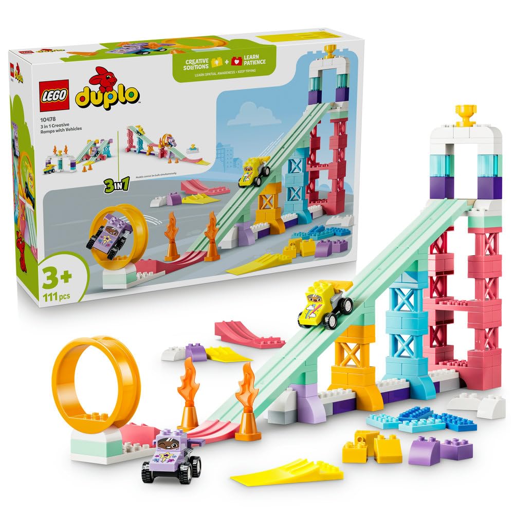 LEGO DUPLO Kreatywne rampy 3 w 1 z pojazdami 10478 | rampy z pojazdami, klocki dla 3-latka, prezent dla chłopca i dziewczynki 3+, budowanie 3 w 1, 111 elementów