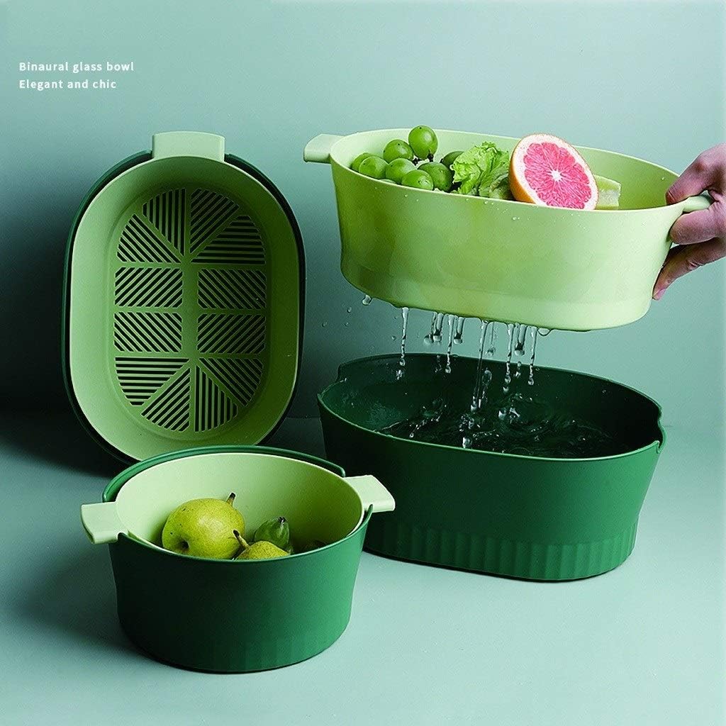 Double-Layer Drain Bowl is Used to Clean Vegetables and Fruits Plastic Colander Filter with Handle to Save Space Green(Red)