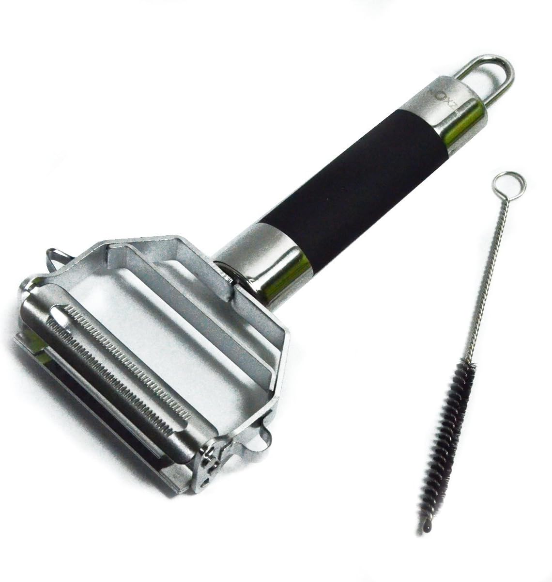 Julienne Peeler - Ultra Sharp Stainless Steal Dual Blade Rubber Grip Kitchen Peeler with Cleaning Brush - Black