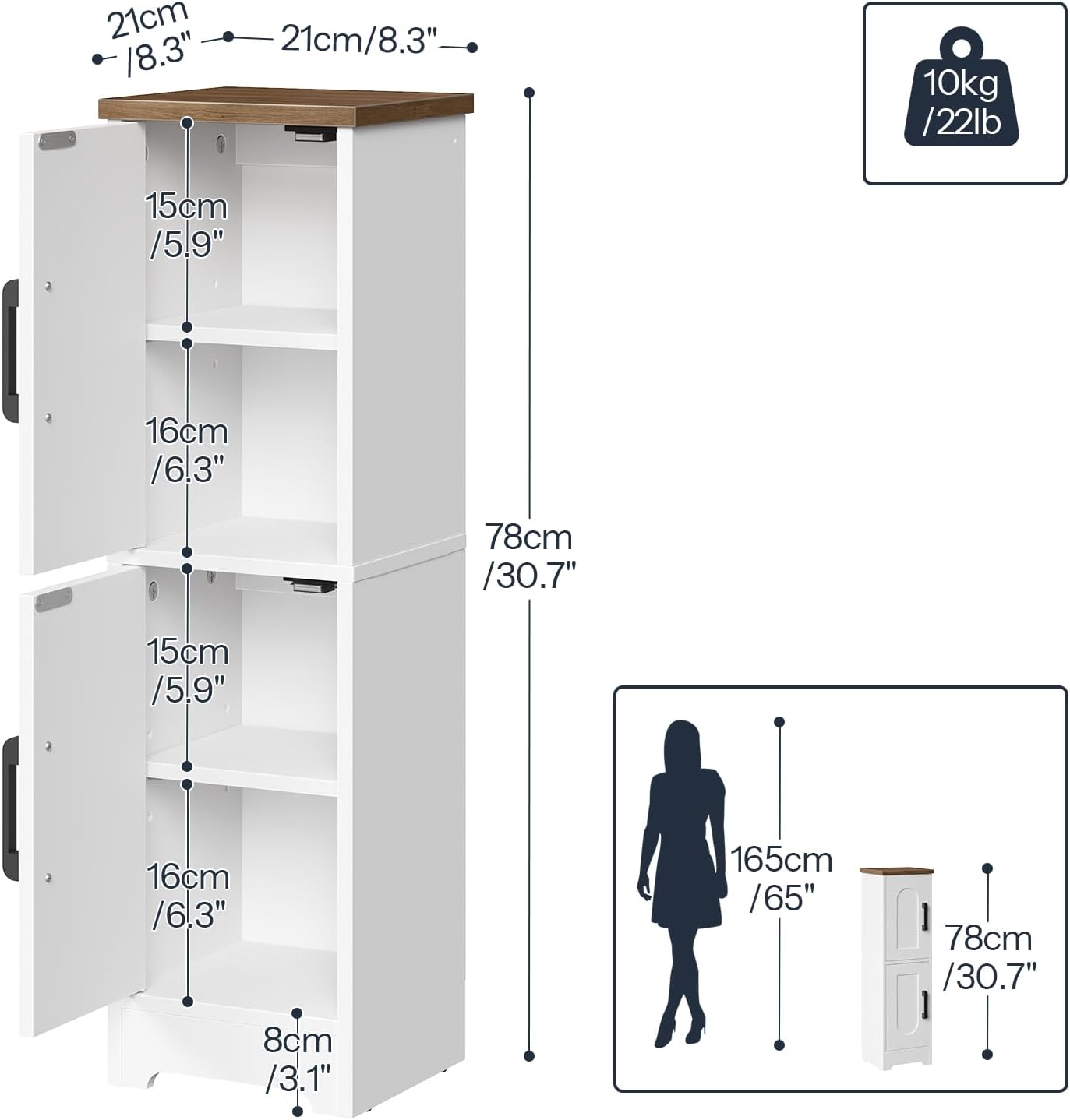 HOOBRO Small Bathroom Storage Cabinet, Farmhouse Corner Floor Storage Cabinet with 2 Doors and Adjustable Shelves, Toilet Paper Cabinet for Small Spaces, 7.9" D x 7.9" W x 30.7" H, White and Walnut