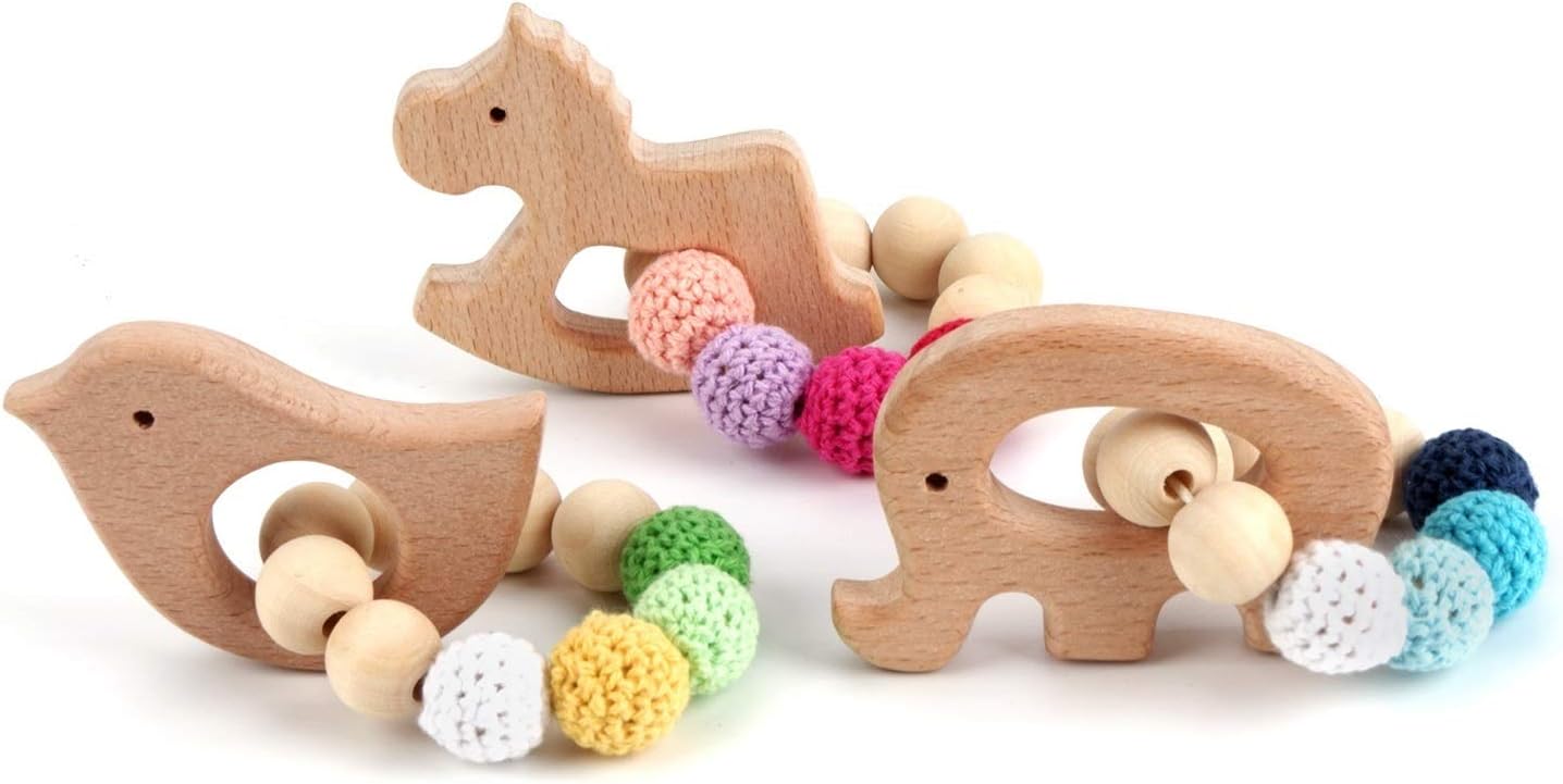 Wooden Teether Baby Rattles Sensory Toys, Wooden Gym Rattle Teether Natural Raw Crochet Beads Toy Baby Teething Ring Chew Toy Baby Teething Bracelet Crochet Beads Bracelet of Elephant,Bird,Cockhorse