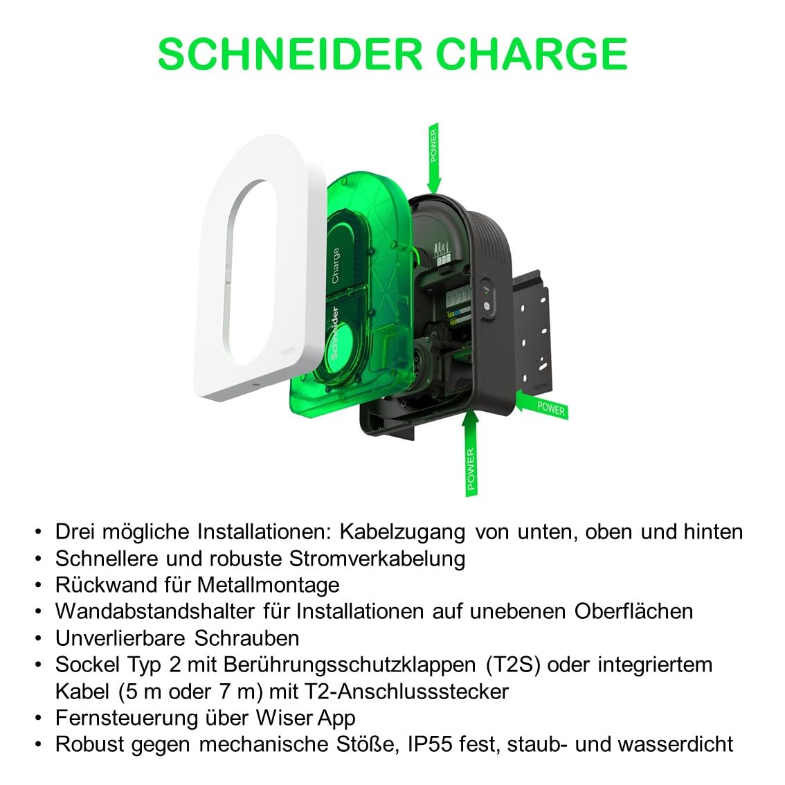 Schneider Electric Smart Wallbox Schneider Charge 22 kW, colonna di carica per auto elettrica, presa T2, 6 mA rilevamento app, controllo interno ed esterno, bianco