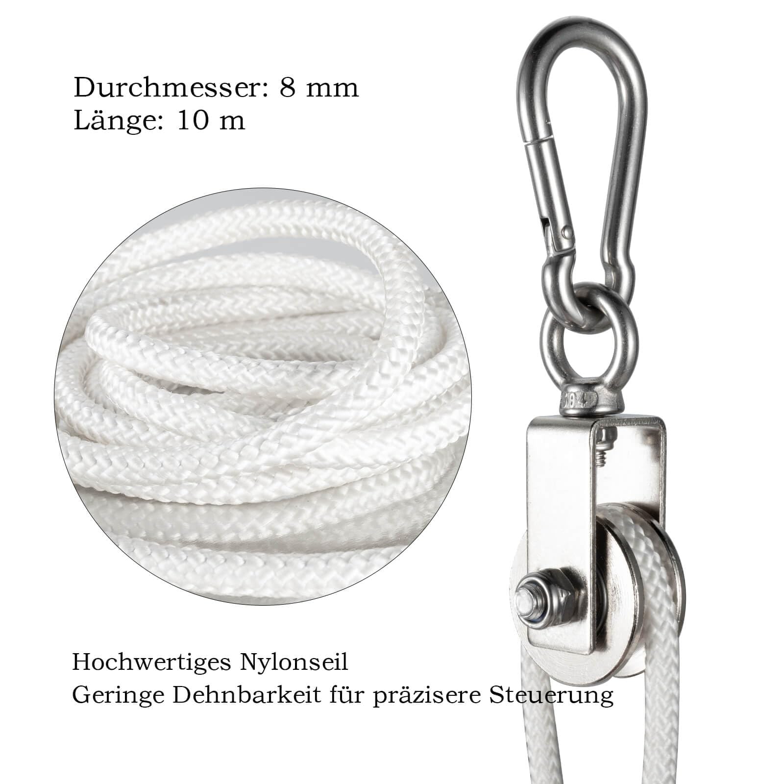 40mm Umlenkrolle mit 2 Kugellager, Edelstahl Fitness flaschenzug mit 10m Nylon Seile und Clip，Umlenkrollen für 8mm Seile Stahlseil, Tragkraft 200kg