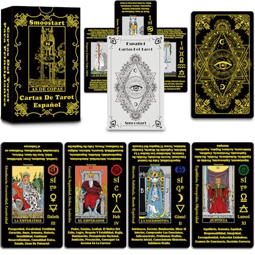 Smoostart Cartas Tarot Español para Principiantes con Explicación, Holográfico Tarot con Guía para Principiantes, Palabras Clave, Elemento, Planeta, Zodiaco, Chakra, Sí O No, Numerología