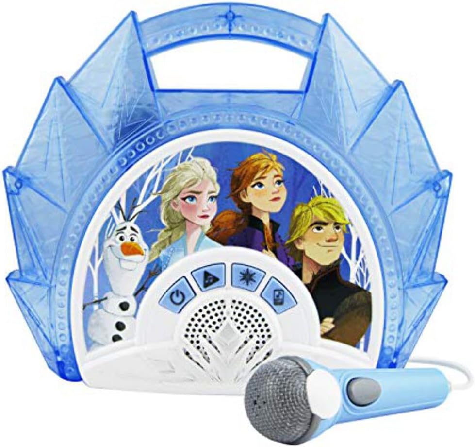 Tilbage view of eKids FR-115F2 Frozen Sing Along Boombox showing battery compartment, AUX-in, and control buttons