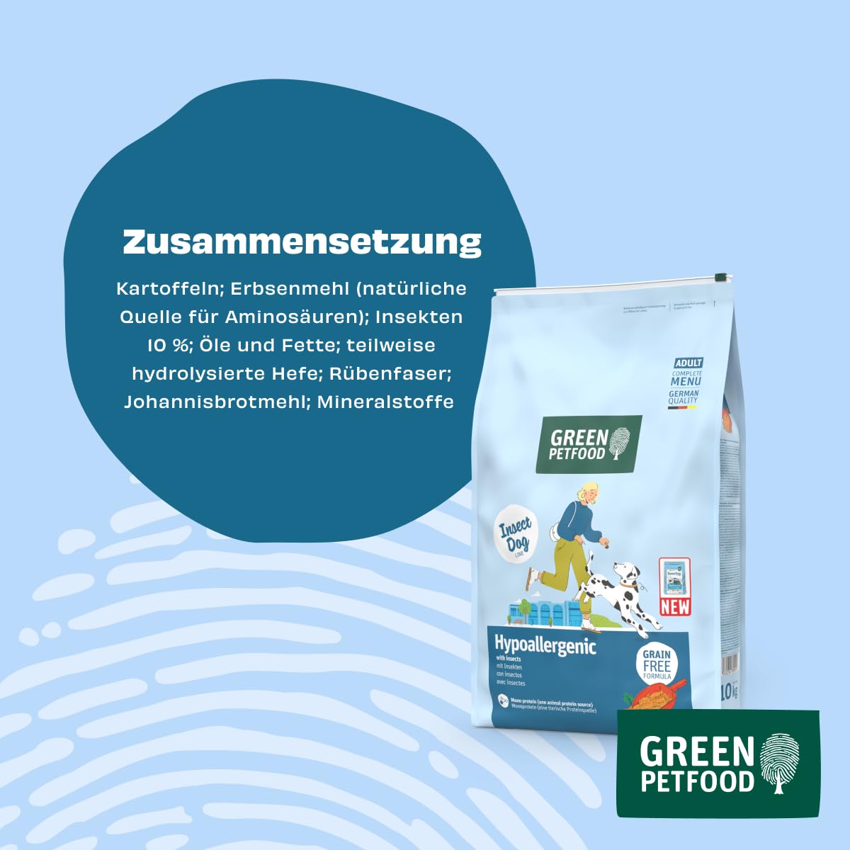 Green Petfood InsectDog Hypoallergen (1 x 10 kg) | Adult | Premium Trockenfutter für ausgewachsene allergische Hunde | getreidefrei mit Insektenprotein | nachhaltiges Hundefutter | (1er Pack NEU)