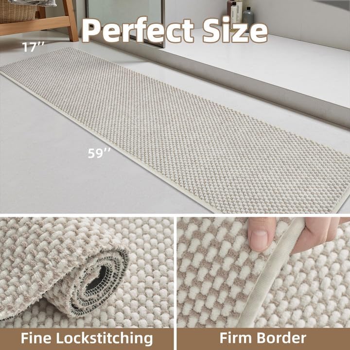 PADOOR-Bath Mat Runner-Super Absorbent Chenille Bathroom Mats-Rubber Backed Bath Mats for Bathroom Non Slip, Easy Clean Bathroom Runner Rugs Front of Bathtub,Shower Room,Sink-17×59, Beige&Cream - Image 2