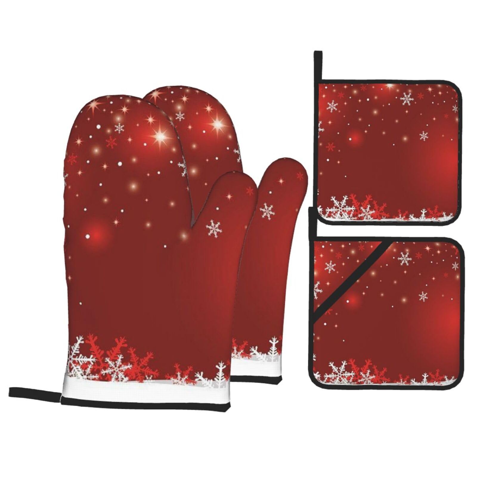 Christmas Print Stylish Heat-Resistant Oven 4-Piece Set Kitchen Gloves Roasting Daily Cooking