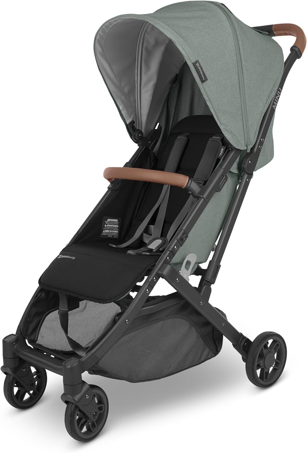 UPPAbabyMinu V2 Lightweight Travel Stroller, Gwen - Green Mélange with Carbon Frame and Saddle Leather, Compact and Convenient for Travel