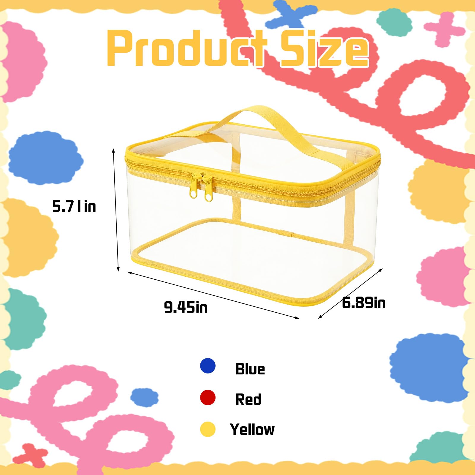3 bolsas organizadoras de almacenamiento de juguetes transparentes de PVC con asa de doble cremallera, fáciles de limpiar para bloques de construcción, juguetes pequeños, rojo, amarillo y azul