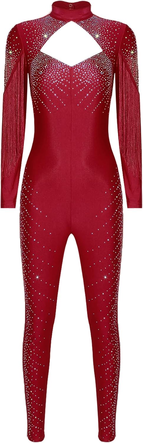 iEFiEL Womens Sparkle Rhinestone Figure Skating Jumpsuit Long Sleeve Tassel Romper Performance Costume