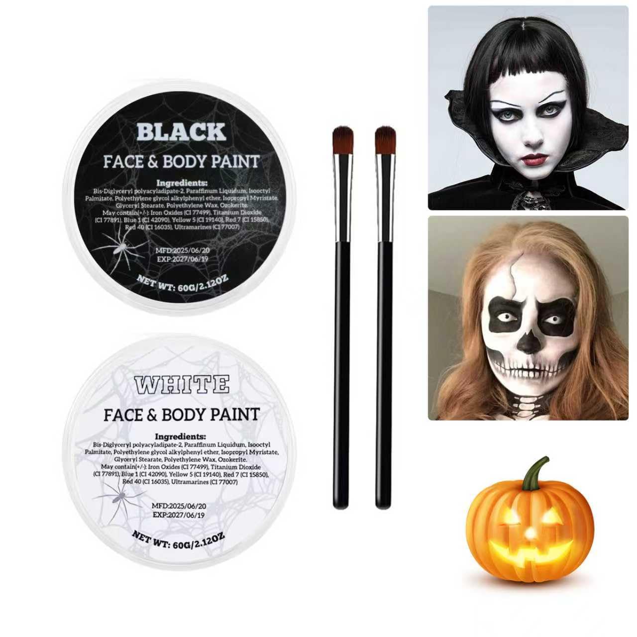 White Black Oil Face Body Paint Set, Halloween Skeleton Makeup Kit with 2 Brushes, Professional Black and White Face Painting Kit for Halloween Make Up, Sfx Makeup, Theater, Cosplay, Costume, 2 Pack