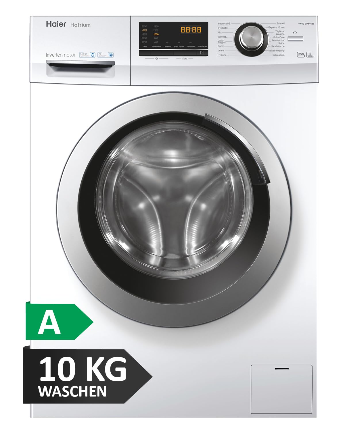 Haier Frontlader Waschmaschine 10kg Serie 636 HW100-BP14636N | Mit A-Effizienz, 1.400 U/Min. & sparsamem Inverter-Motor, Inkl. Vollwasserschutz, Dampffunktion & Mengenautomatik