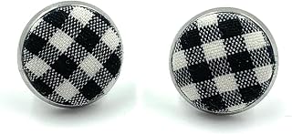 Handmade in Canada - Gingham Fabric Stud Earrings - Women's Surgical Stainless Steel Studs - Hypoallergenic - 12mm - Button Cover Studs - White, Black - Modern Check Pattern - Plaid Earrings - Sensitive Ears
