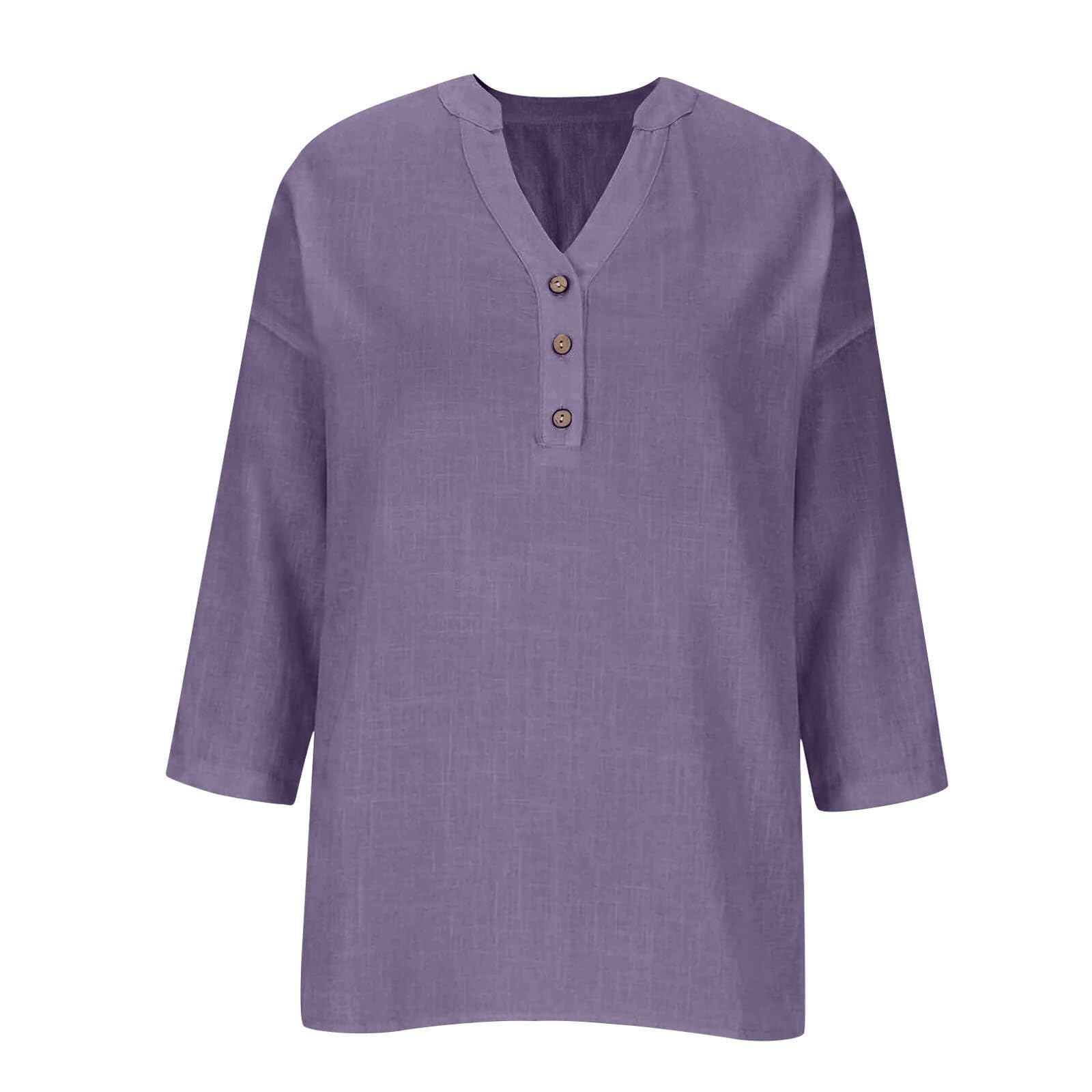 Camicetta da donna in mussola con maniche a 3/4, in lino, scollo a V, con bottoni | Materiale traspirante in cotone e lino, vestibilità comoda, versatile, elegante abbottonatura