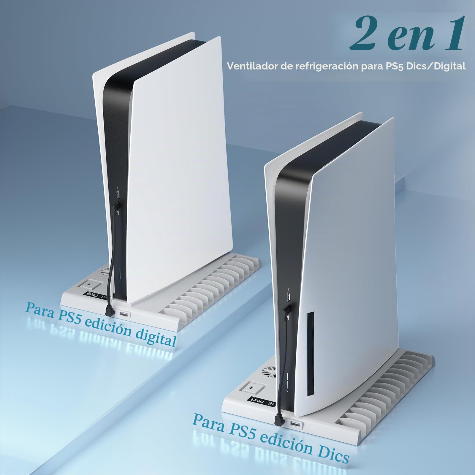 Soporte PS5 con Ventilador y Estación Carga Mando PS5, Multifuncional Soporte Refrigeración con Indicador LED Accesorios Playstation 5 15 Ranuras de Juegos(Edición Disc&Digital) (Blanco)