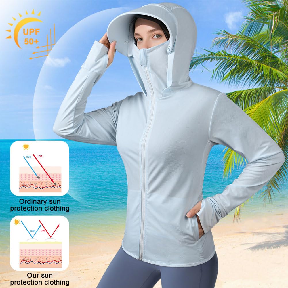 AUYAO UPF50+ Veste à Capuche Femme, Vestes de Sport Protection Solaire Respirant avec Poches, Sweat a Capuche Manches Longues, Chemise Anti UV Ete Femme Homme pour Running, Jogging, Baignade(M-L) - 4