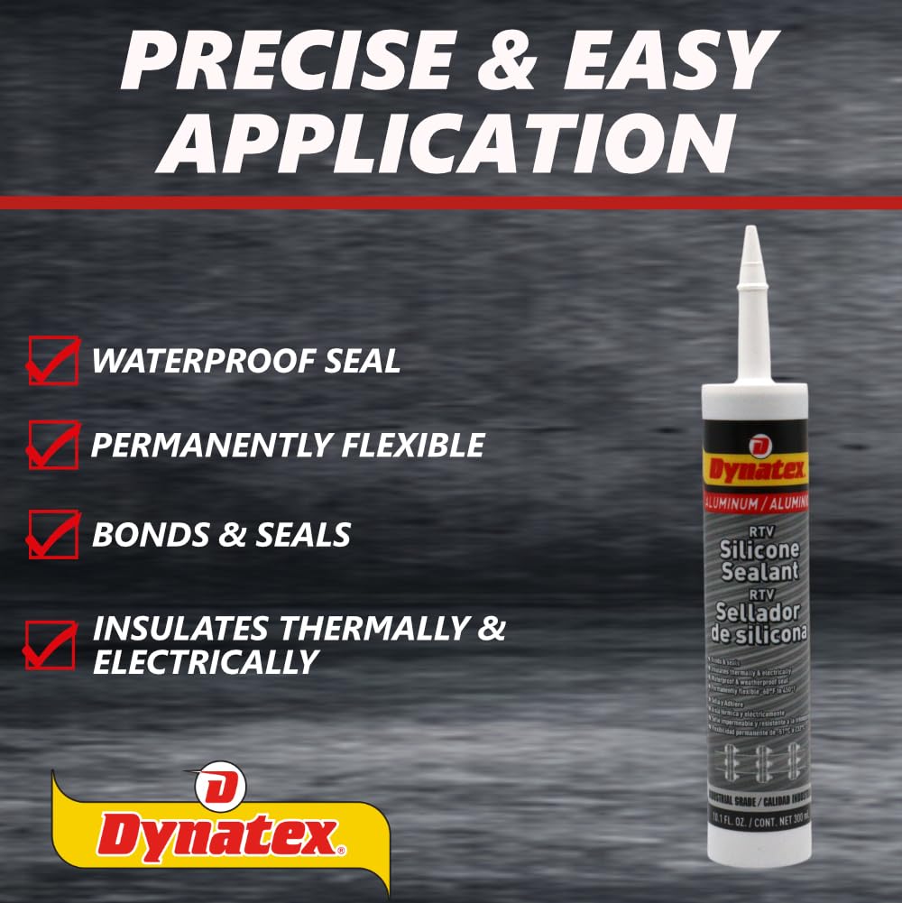 Dynatex Industrial Grade Aluminum Silicone Sealant 10.1 oz Caulk Tube - Tough Flexible Cure, Watertight Seal, Up to 500°F, Made in the USA (8-Pack)