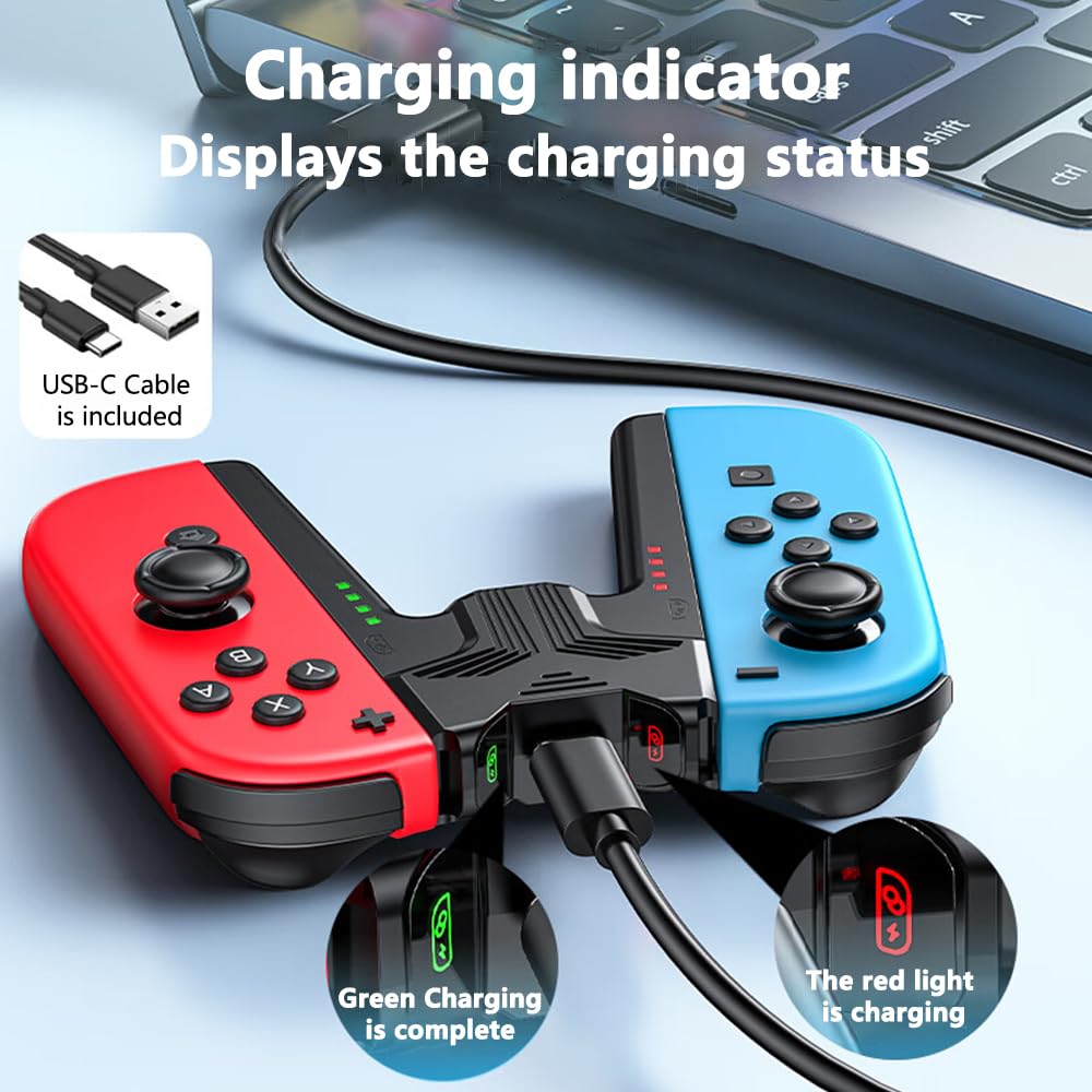 RREAKA Charging Grip Handle for Nintendo Switch/OLED for Joy Con, Joystick Charging Comfort V-Shaped Game for joycon Grip Controller with Battery Indicators, for Joy-Con Charger Grip USB C Cable