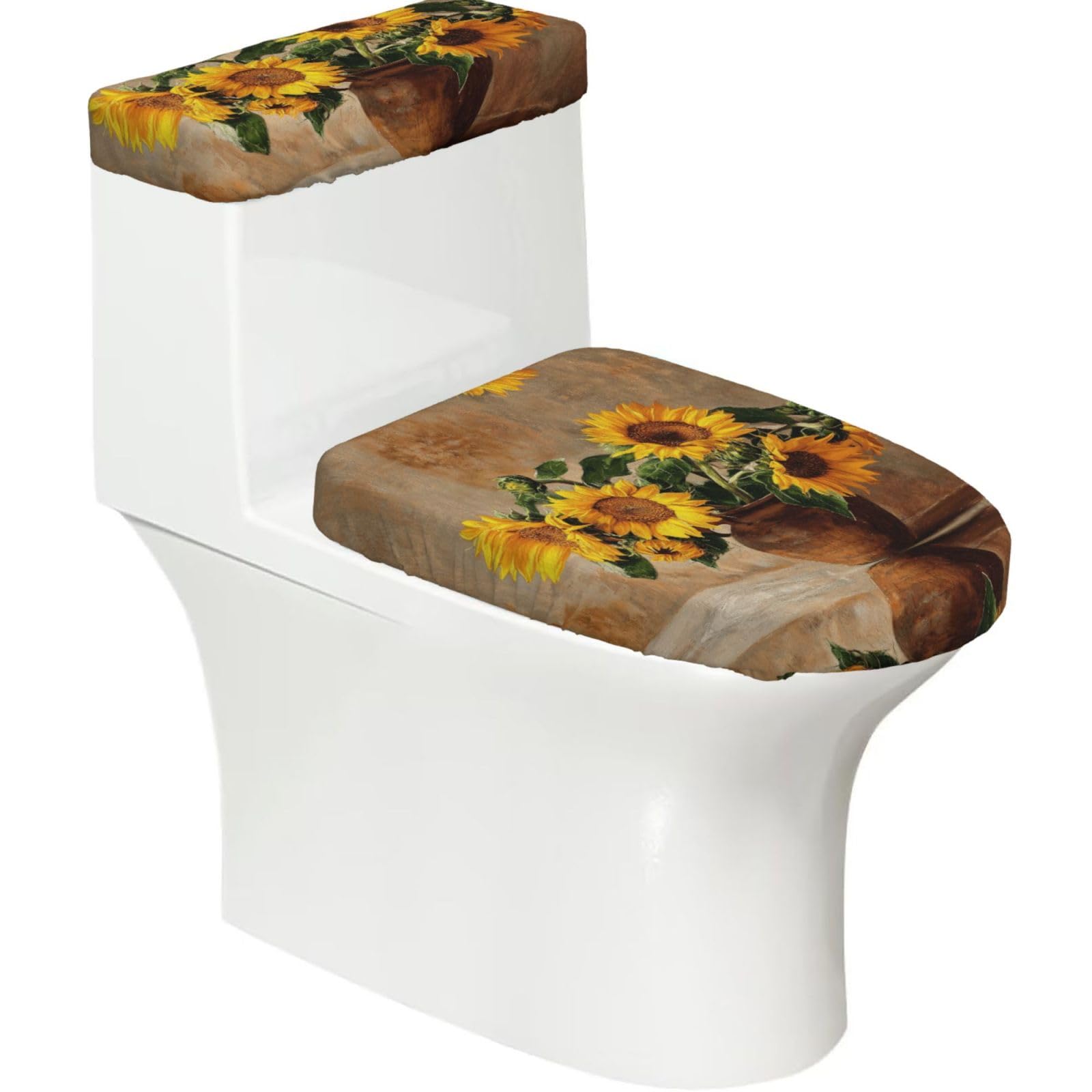 Sunflower Pattern Elastic Toilet Cover Set of 2-Stretchy Lid and Tank Covers for Bathroom, Soft Washable U Shape Toilet Decor