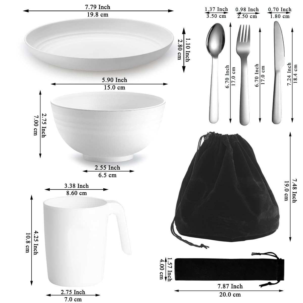Kit d'ustensiles de Camping Reanea amping Mess pour Voyage, Camping, Pique-Nique, Plein air, équipement de Camping Comprenant Couteau, cuillère, Fourchette, Couverts, Tasse, Bol, Assiette, Essentiel