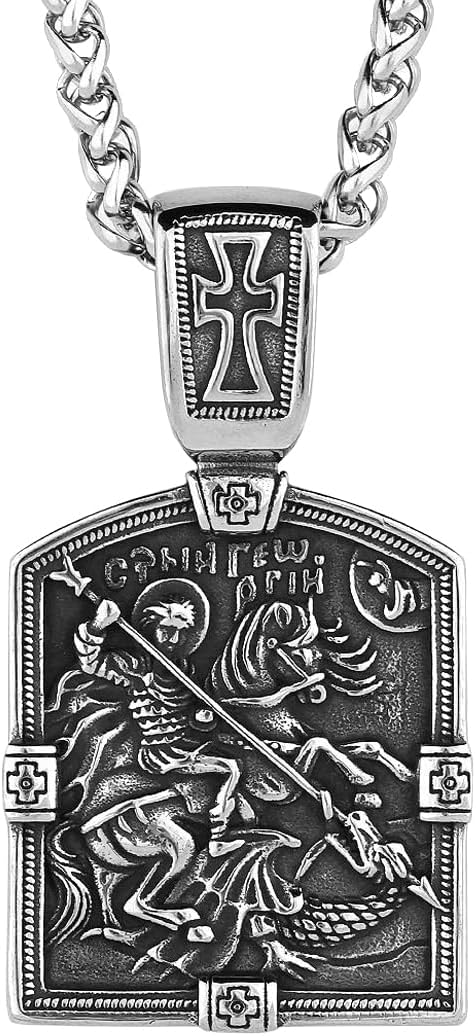 LOBON Christian Necklace Stainless Steel Saint George Pendant for Men Women Religious Talisman Necklace Jewelry (2.8 x 1.6 in, 2.58 oz)