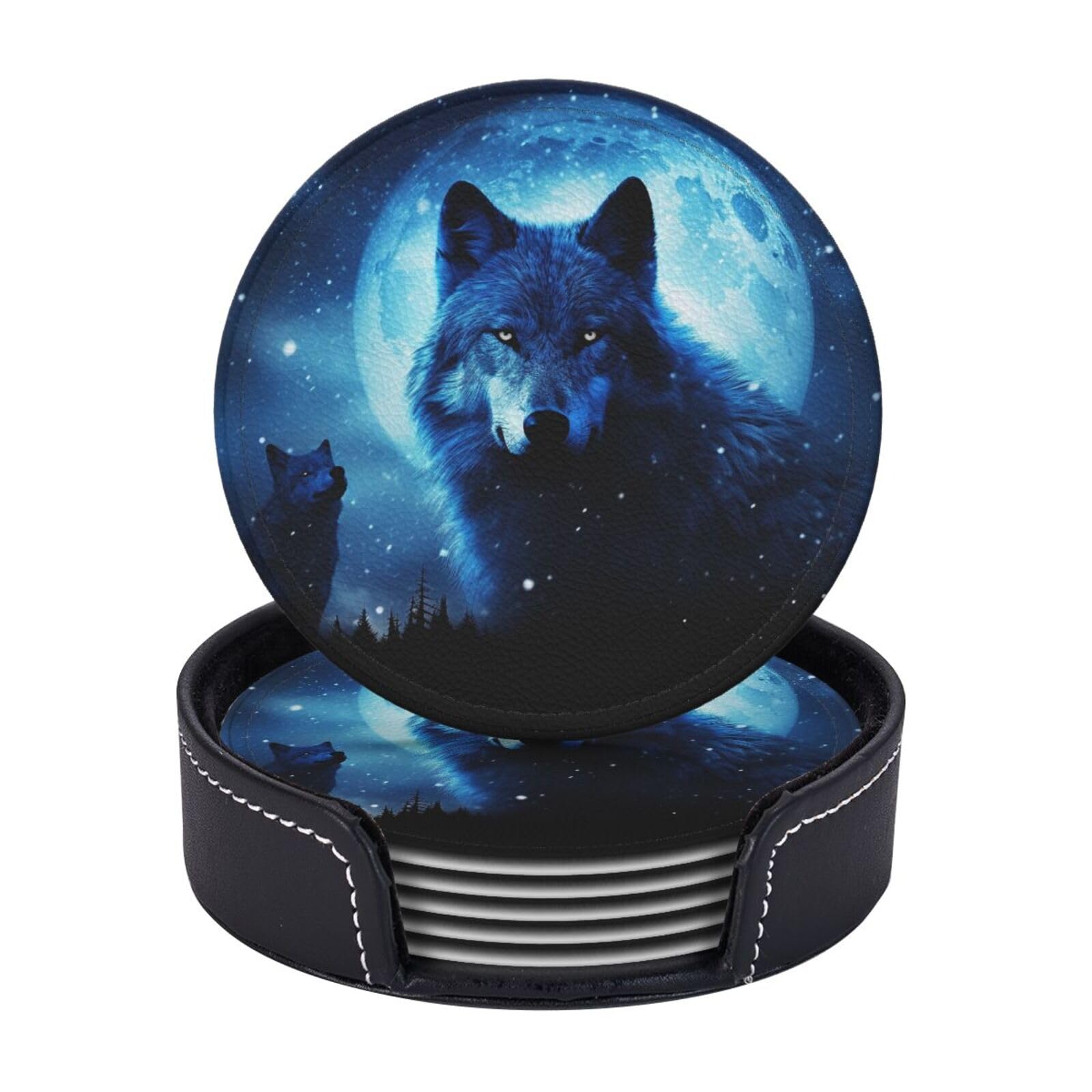 Round Coasters for Drinks Set of 6 - PU Leather Coasters with Holder - Modern Drink Coasters for Coffee Table - Wolfs Coaster for Tabletop Protection 4" Cup Mat Pad