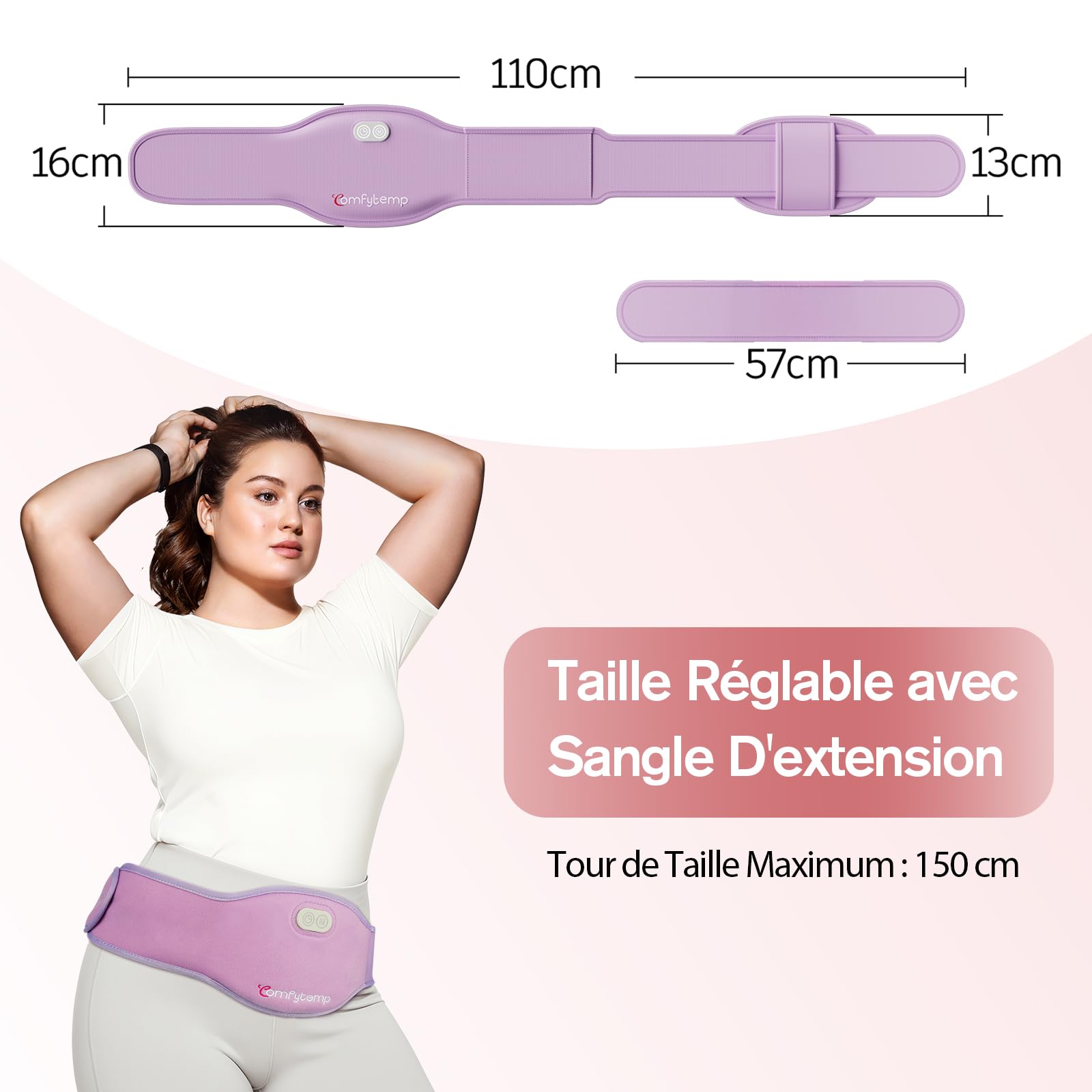 Comfytemp Ceinture Menstruelle Chauffante Grande Taille, avec 5000mAh, pour le Ventre et le Dos Pendant les Règles, 150x16cm, Ceinture Chauffage sans Fil, pour les Mères et les Femmes