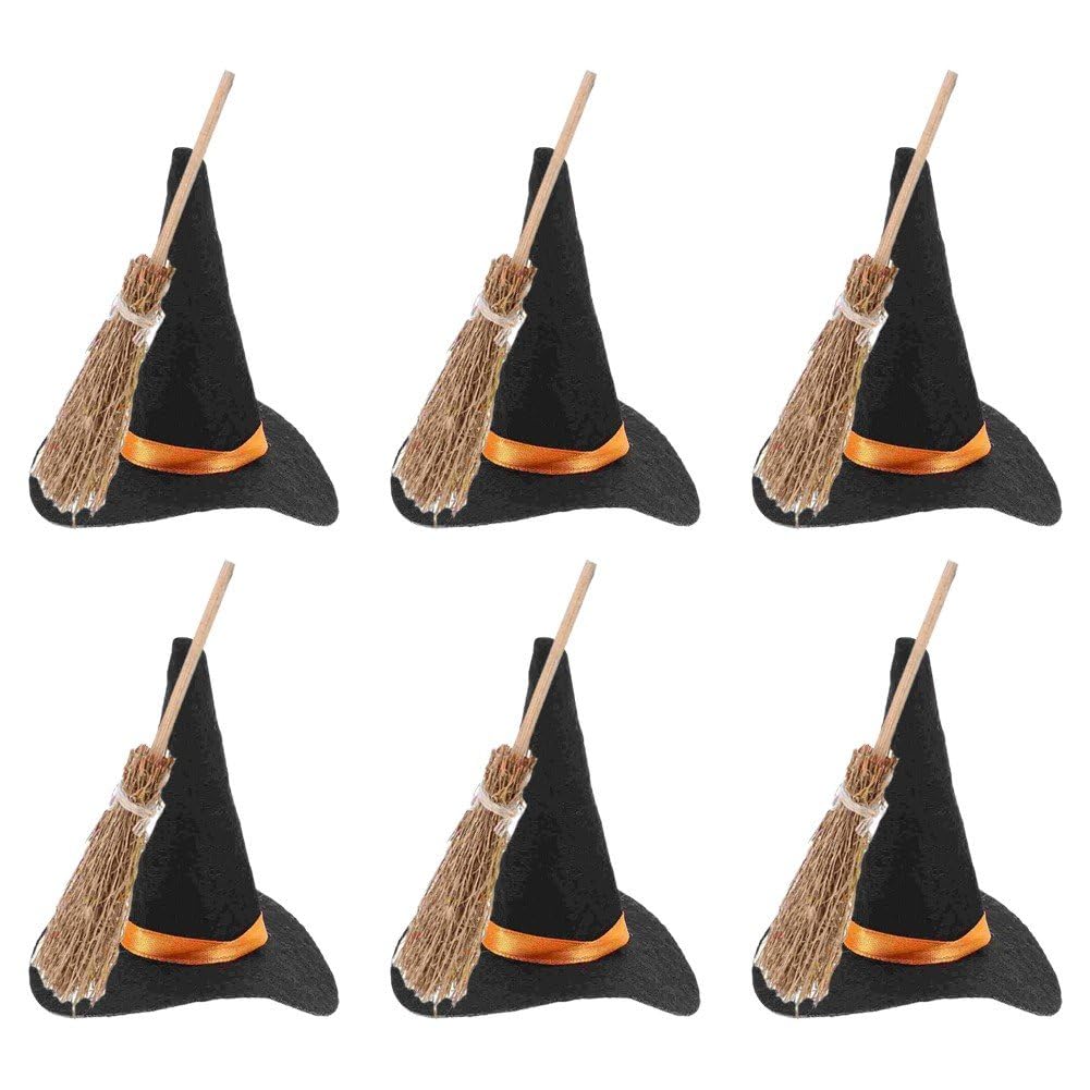 Haowul Black 6Pair/Set Mini Witch Hat With Mini Broom Miniature Straw Brooms Plastic Witch Hats And Brooms For Halloween For Halloween Party Craft Witches Decoration Accessory